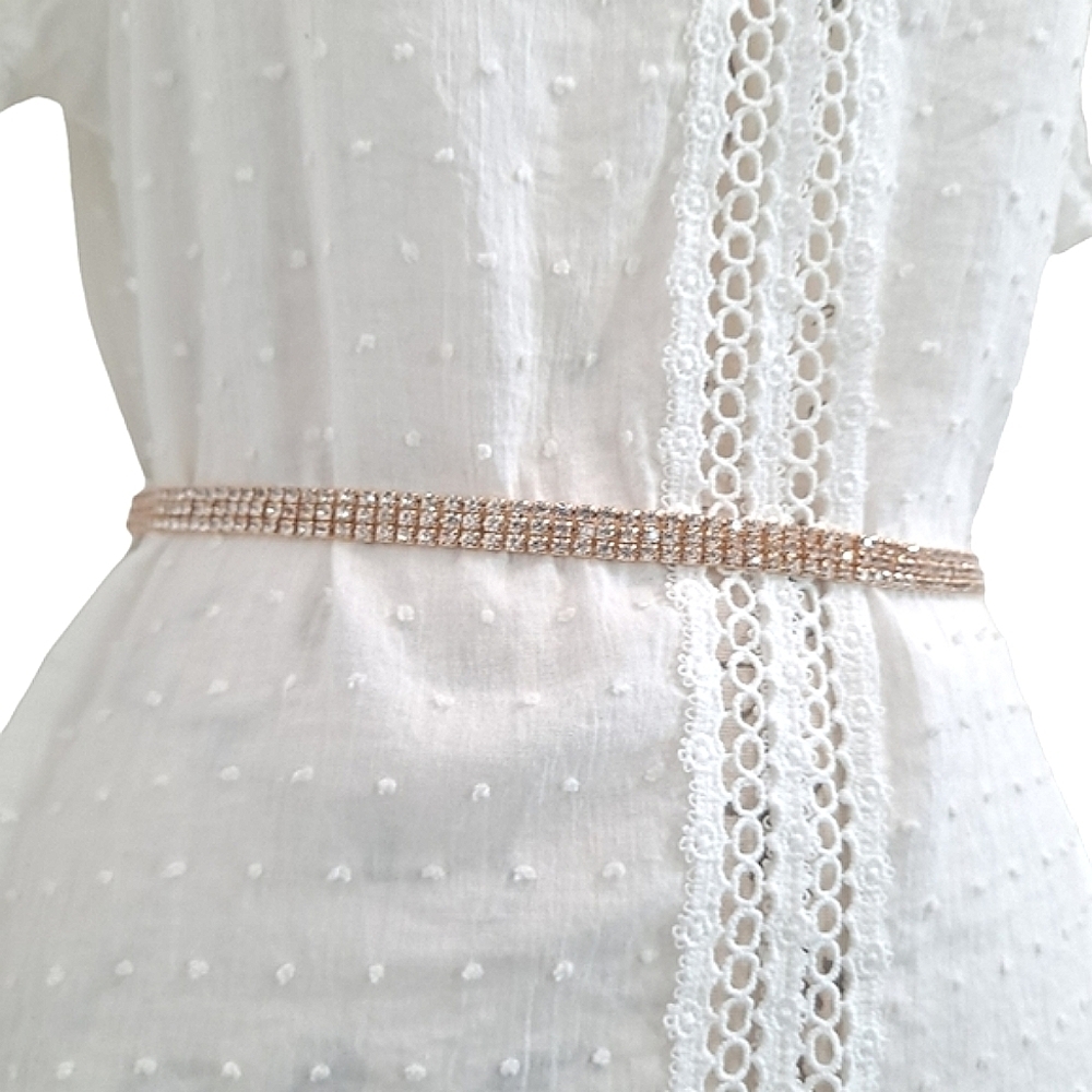 Gold Rhinestone chain bridal wedding waist statement clasp dress belt - Picture 6 of 13